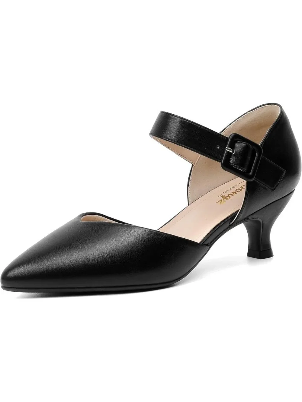Women's Black Closed Pointed Toe Ankle Strap Buckle Heels Slip on Low Heel Shoes